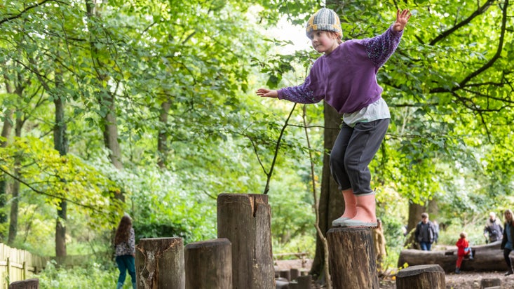 Families exploring Wolf’s Den natural play area at Erddig
